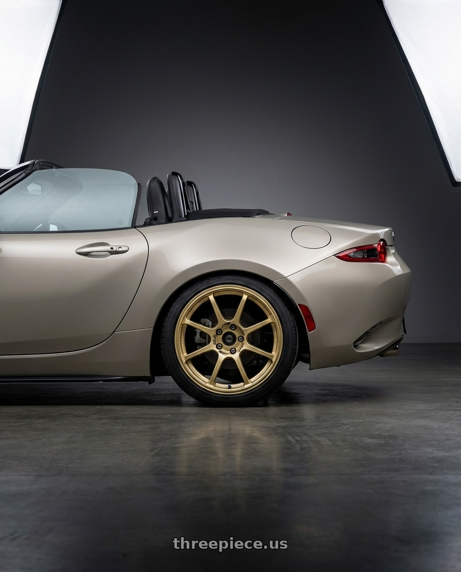 2021 Mazda MX-5 Miata ND with Advan RCIII 5x114.3 17x7+45 Gold wheels rear three quarter view square tires