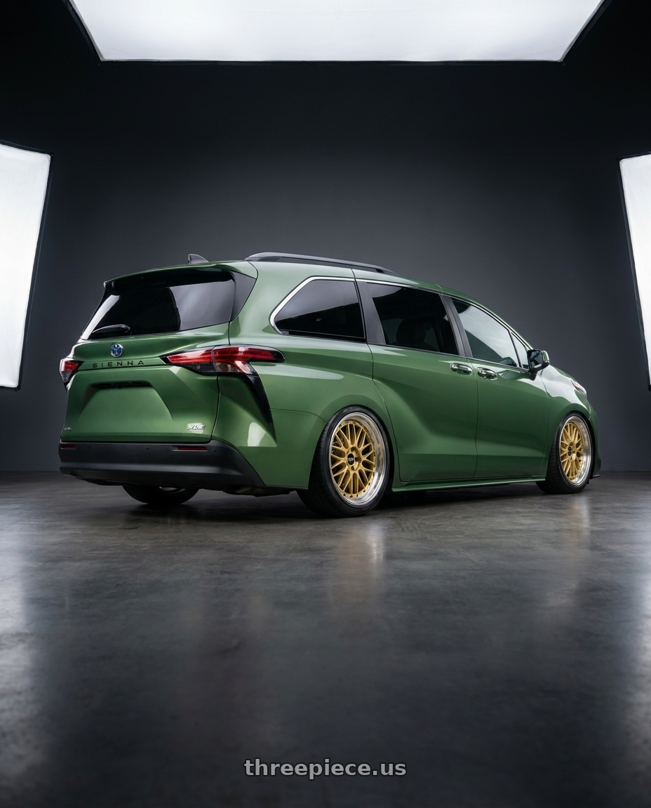 2018 Toyota sienna with BBS LM 5x112 19x9.0+42 Gold wheels rear three quarter view slight stretch tires