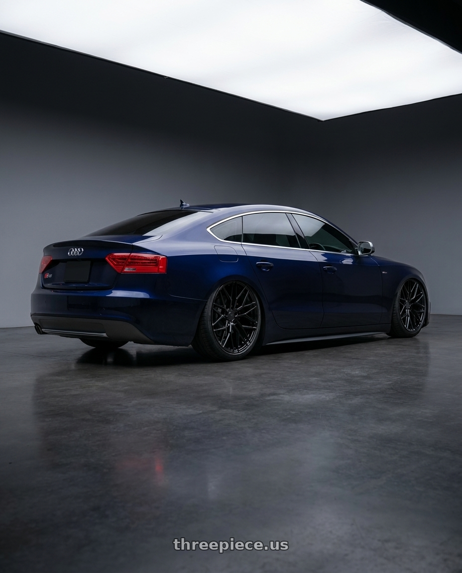 2014 Audi S5 B8 with Avant Garde Wheels M520R 5X112 19x8.5 +35 Gloss Black wheels rear three quarter view slight stretch tires