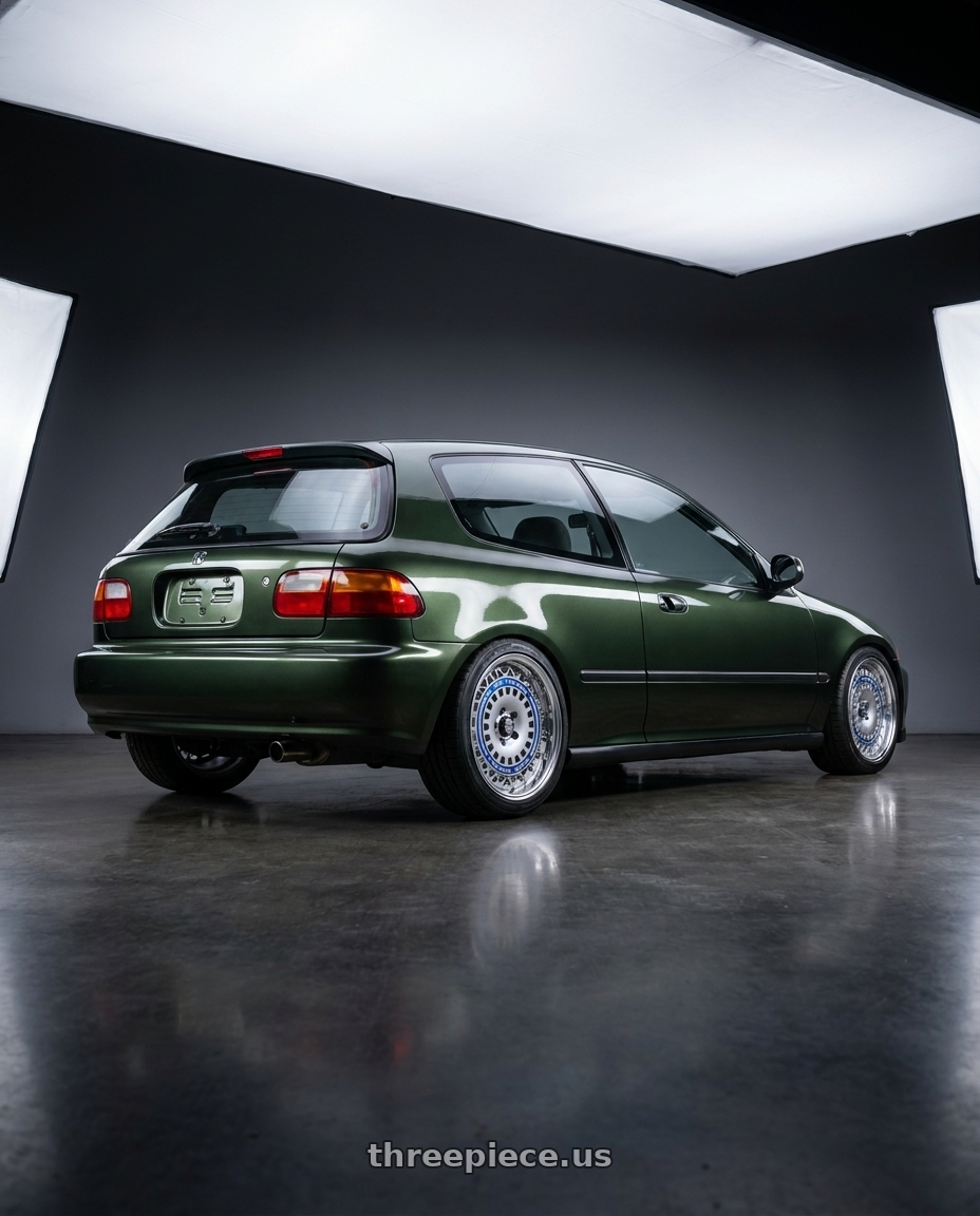 1995 honda civic dx hatchback nori green metalic with FORMULA AERO MESH 4x100 16X7.5+32 NR Disk Titan Silver wheels rear three quarter view square tires