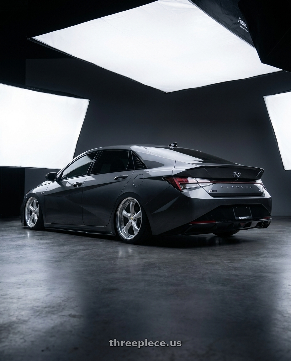 2024 Hyundai elantra n line  with Work Wheels VS-KF 5x114.3 18x9+28 Light Grey Silver L Disk FULL REVERSE wheels rear three quarter view slight stretch tires