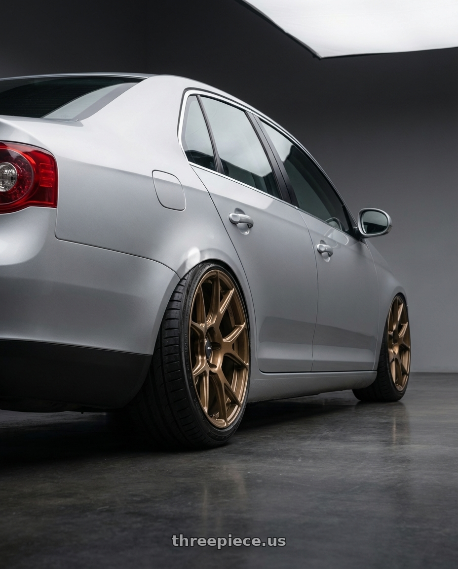 2009 Volkswagen Jetta GLI MK5 with Konig Ampliform 5x112 18x8.5+43 Gloss Bronze wheels rear three quarter view slight stretch tires