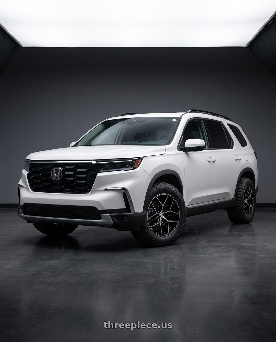 2023 Honda Pilot Touring with Shift Piston 5x120 20x8.5 +35 Gloss Black Machined wheels front three quarter view stock stance