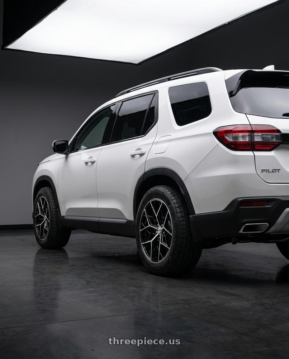 2023 Honda Pilot Touring with Shift Piston 5x120 20x8.5 +35 Gloss Black Machined wheels rear three quarter view meaty tires