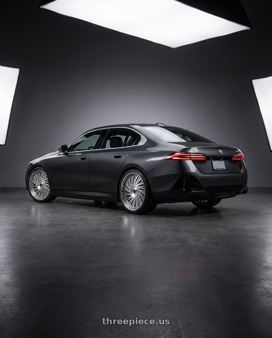 2024 bmw i5 e40 with Asanti Forged PRESTIGE 5x127 26x9 +5 Brushed Chrome wheels rear three quarter view square tires