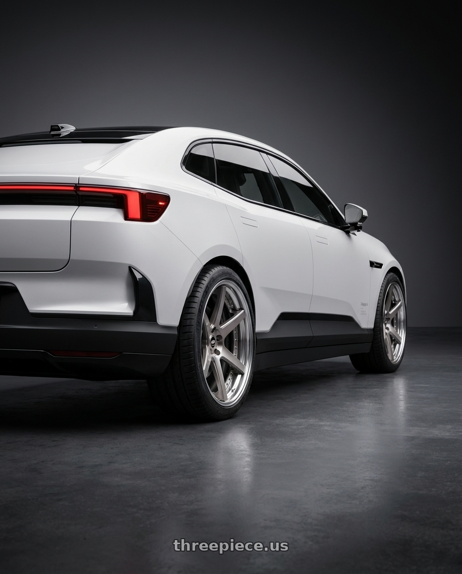 2026 Polestar 4 with Work Zeast St1 5x108 21x9.5+45 O Disk Transparent Grey Polish wheels rear three quarter view square tires