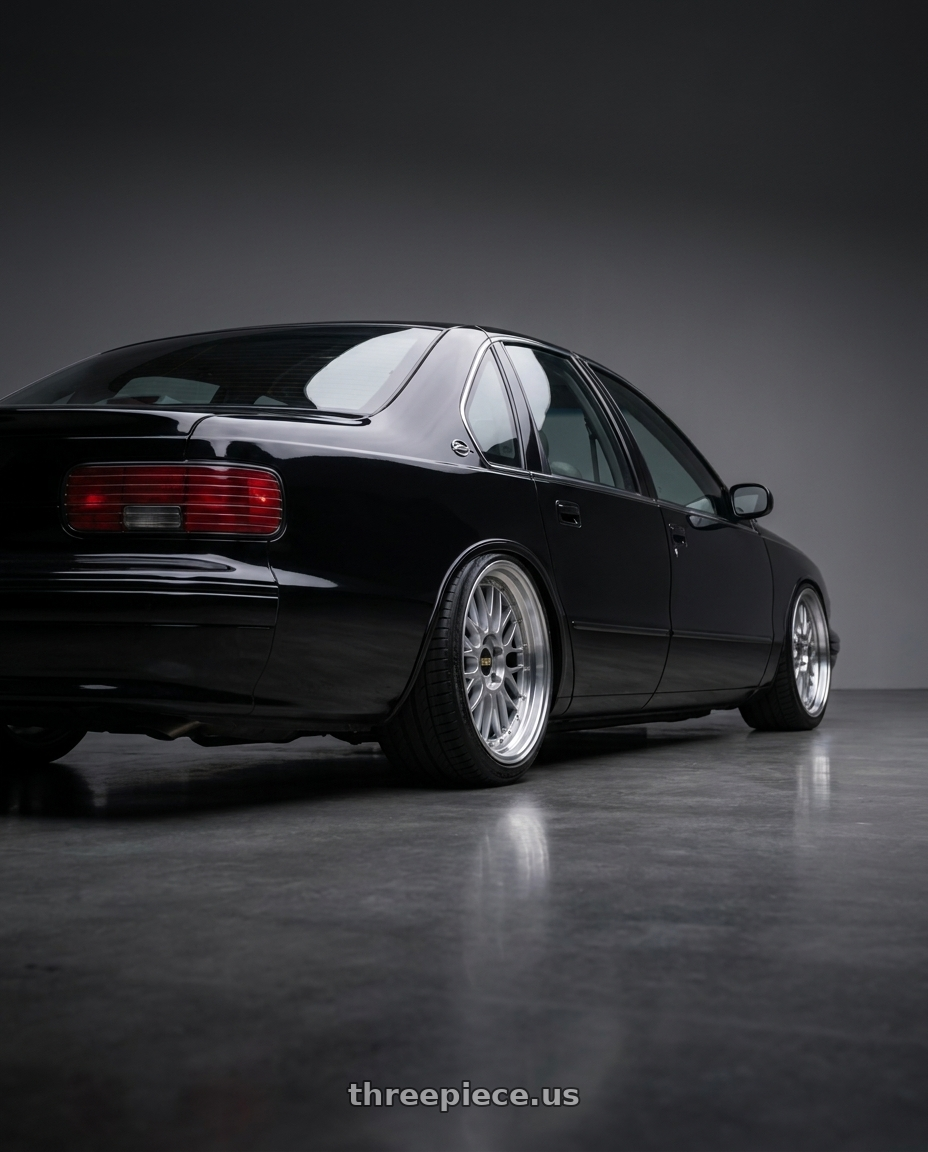 1996 Chevy impala ss with BBS LM 5x114.3 18x9.0+42 Diamond Silver wheels rear three quarter view slight stretch tires