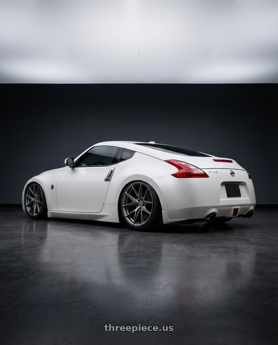2019 Nissan 370Z with Niche 1PC M116 MISANO 5X114.3 19X9.5 +35 MATTE GUN METAL wheels rear three quarter view slight stretch tires