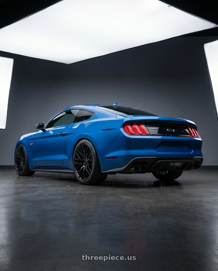 2022 Ford Mustang GT with Avant Garde Wheels M520R 5X114.3 19x9.5 +40 Gloss Black wheels rear three quarter view square tires