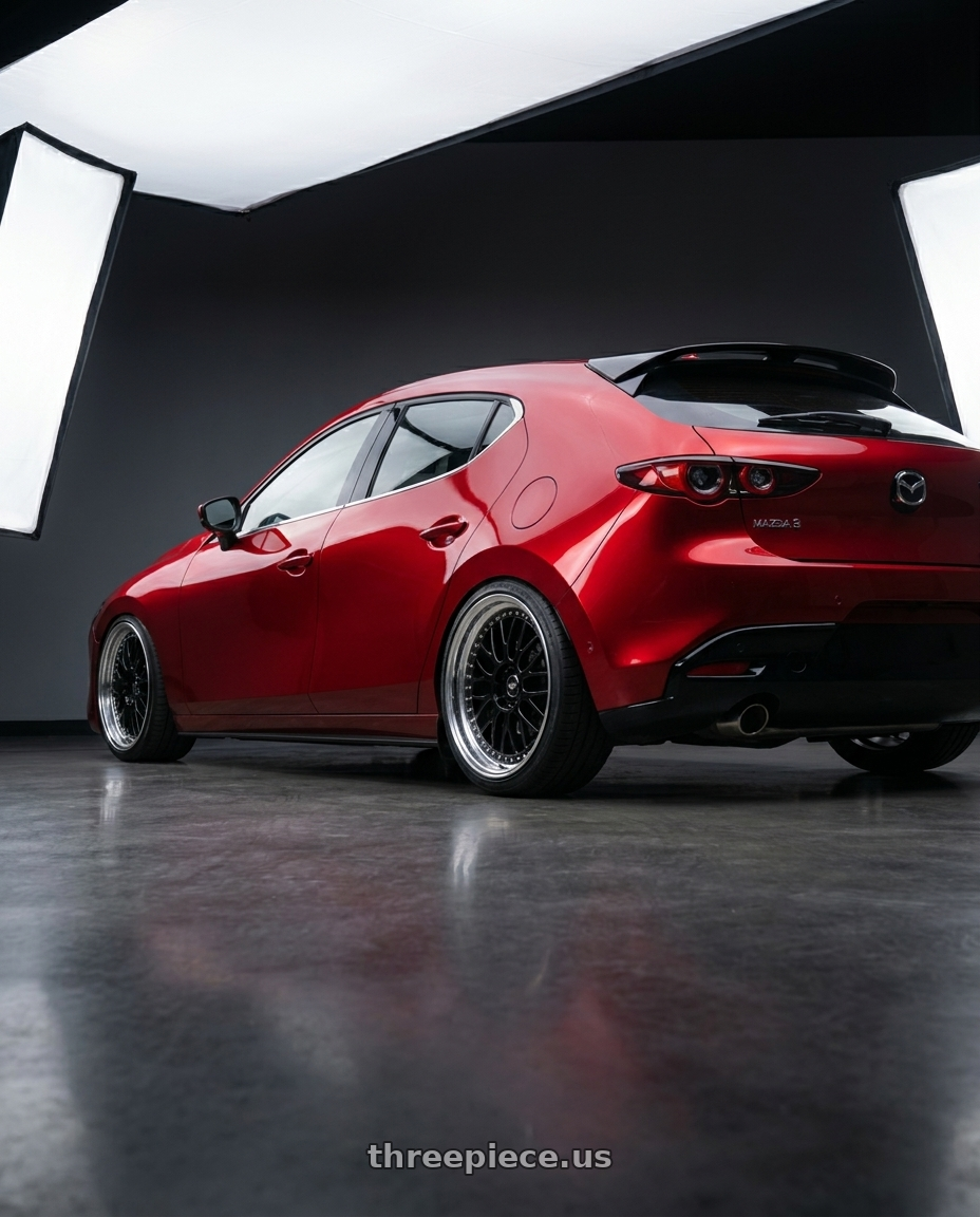2024 Mazda 3 with Work Zistance W10m 5x114.3 19x8.5+33 S Disk Black wheels rear three quarter view square tires