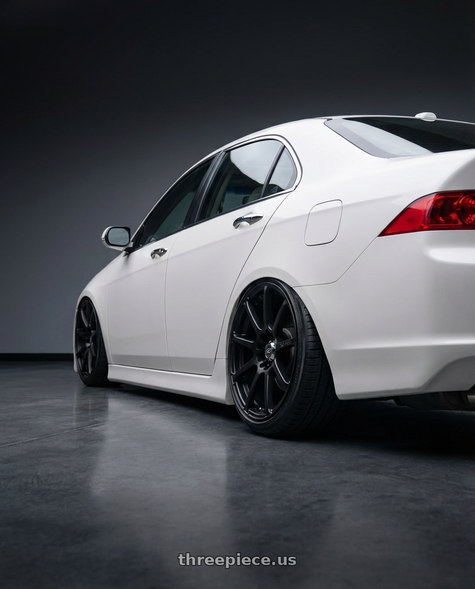 2005 Acura tsx with Enkei EDR9 5x100/114.3 18x7.5+38 Black wheels rear three quarter view slight stretch tires