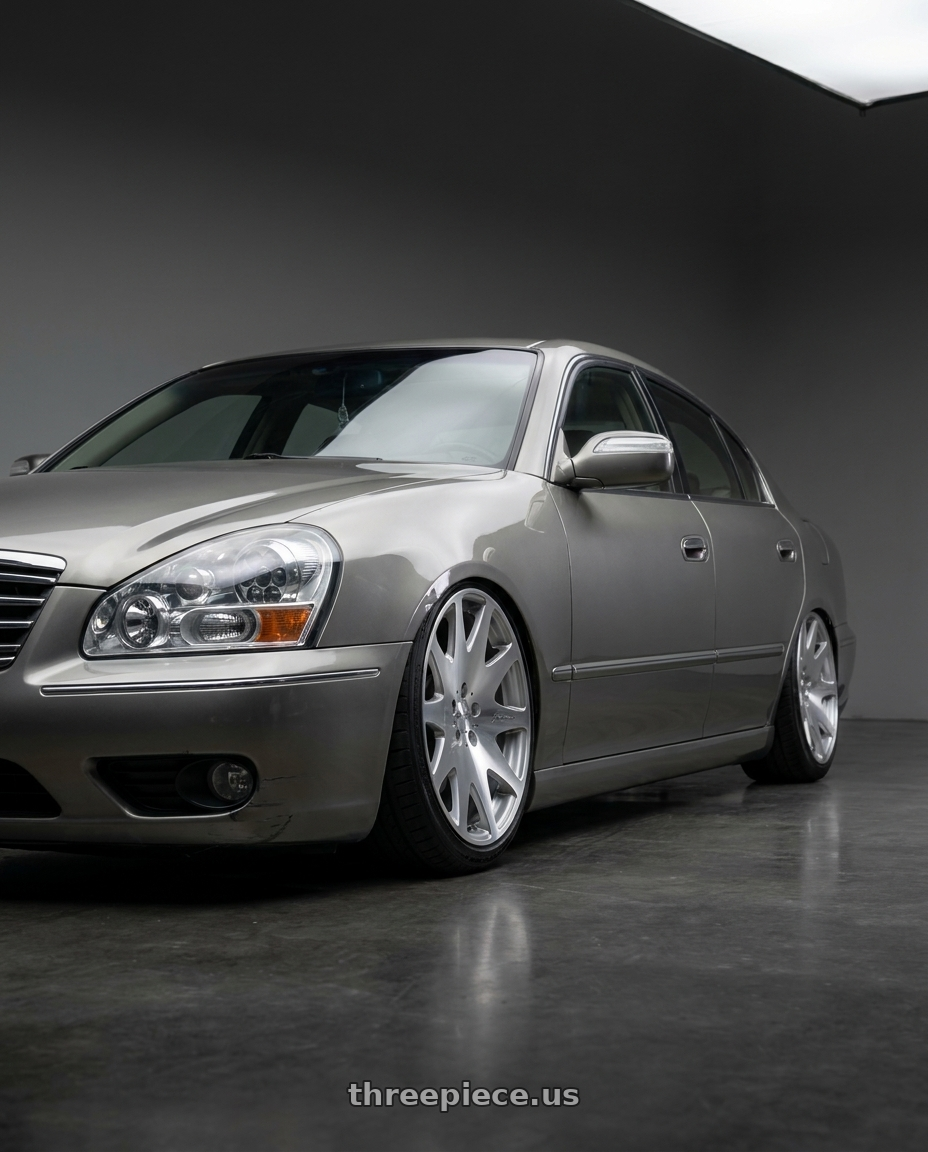 2005 INFINITI Q45 with MRR HR3 5x114.3 20x8.5  +35 Silver Machine Face wheels front three quarter view stanced stance