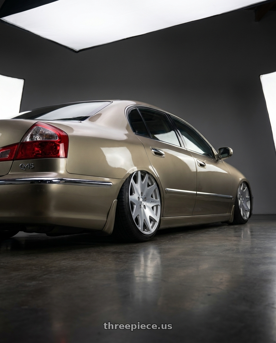 2005 INFINITI Q45 with MRR HR3 5x114.3 20x8.5  +35 Silver Machine Face wheels rear three quarter view slight stretch tires