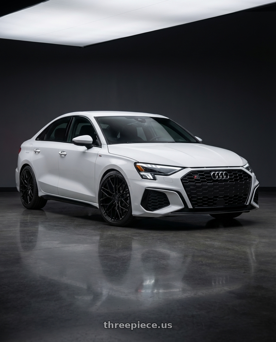 2024 Audi S3 8Y with Avant Garde Wheels M520R 5X112 19x8.5 +35 Gloss Black wheels front three quarter view lowered stance