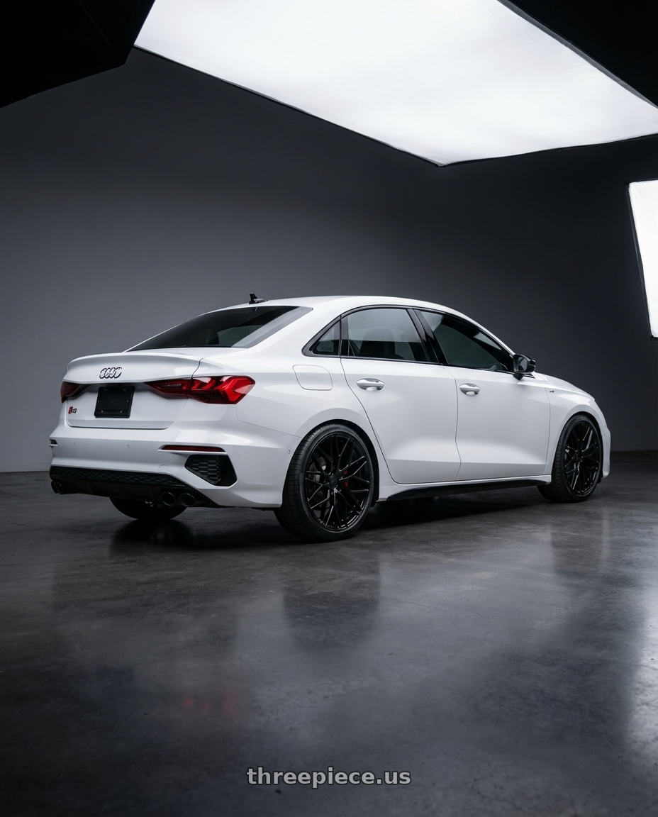 2024 Audi S3 8Y with Avant Garde Wheels M520R 5X112 19x8.5 +35 Gloss Black wheels rear three quarter view square tires