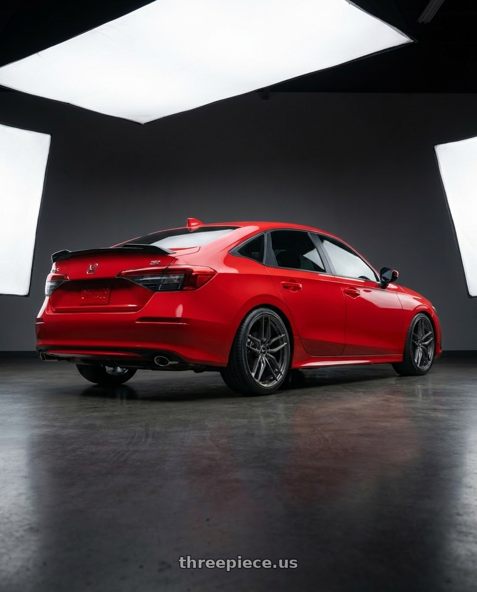2026 red Honda civic si with Vors LT53 5x114.3 18x8 +35 Gloss Gun Metal wheels rear three quarter view square tires