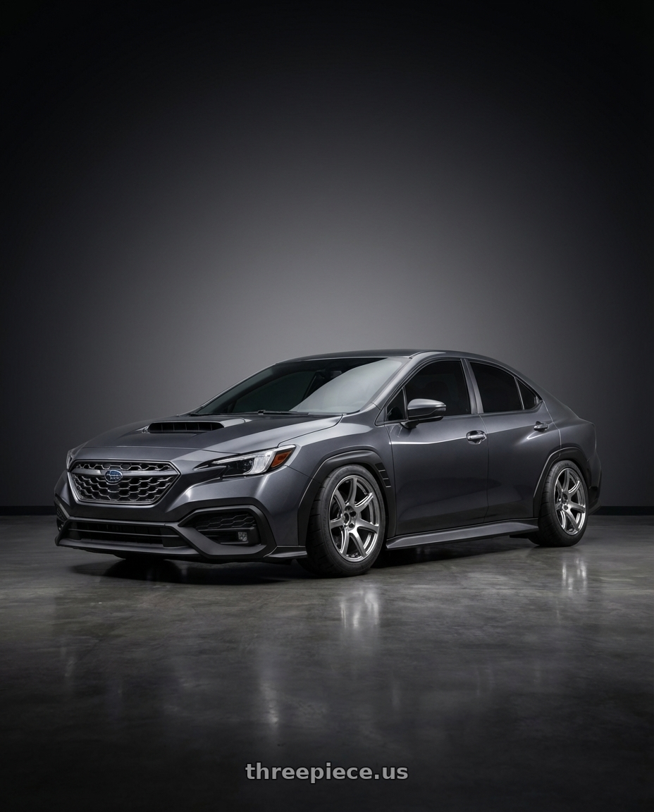 2024 Subaru wrx  with Work Emotion T7r 5x100 18x9.5 +12 Gt Silver wheels front three quarter view slammed stance