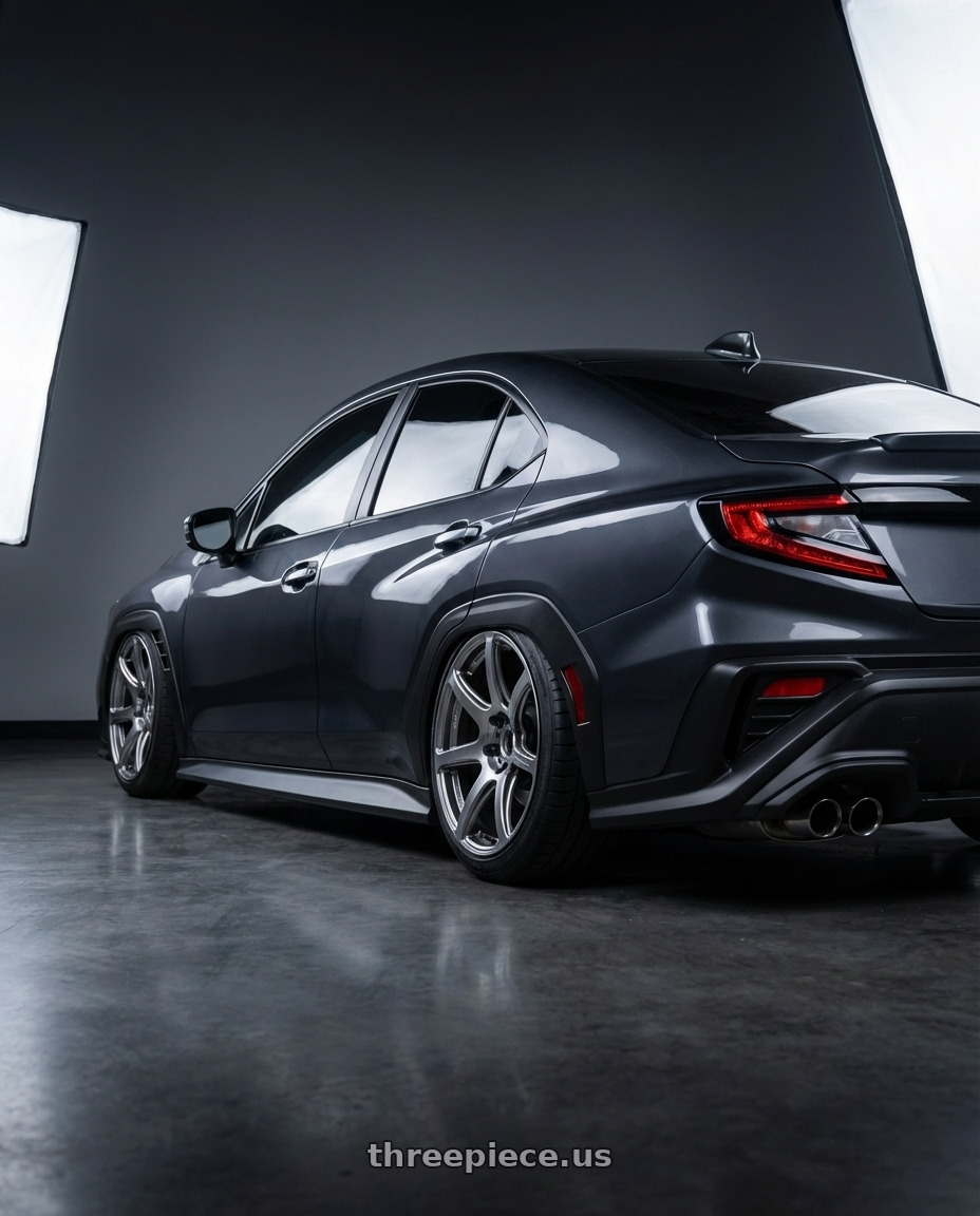 2024 Subaru wrx  with Work Emotion T7r 5x100 18x9.5 +12 Gt Silver wheels rear three quarter view meaty tires