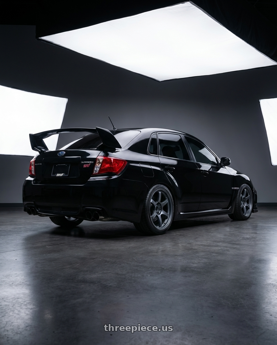 Black 2013 Subaru Impreza wrx sti with Gram Lights 57DR 5x114.3 18x9.5+22 Gunblue II wheels rear three quarter view square tires