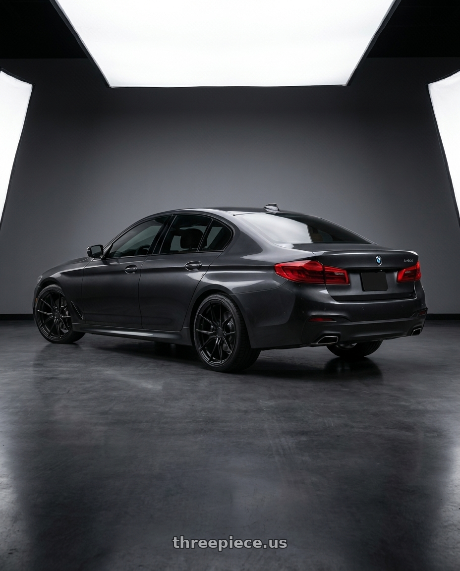 2021 bmw 540 with Rohana RFX2 5x112 19x9.5+40 Matte Black wheels rear three quarter view square tires