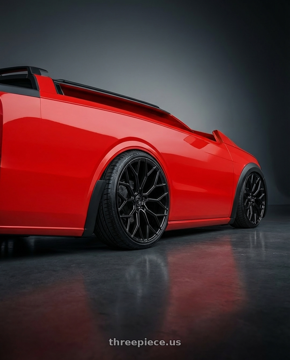 Saveiro 2015 trendline red with DOLCE PERFORMANCE PISTA 5x120 20x8.5 +28 Gloss Black wheels rear three quarter view extreme stretch tires