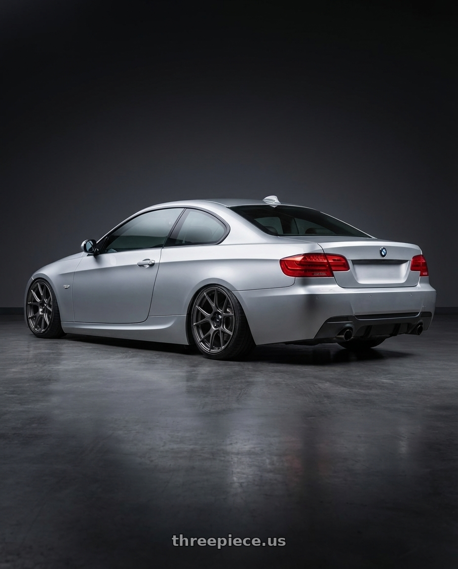 2012 BMW 3 Series E92 with Konig Ampliform 5x120 19x8.5+32 Dark Metallic Graphite wheels rear three quarter view slight stretch tires