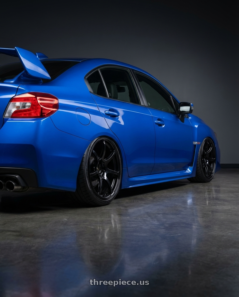 2013 Subaru WRX STI with Advan RGIII 5x114.3 18x8.0+37 Gloss Black wheels rear three quarter view slight stretch tires