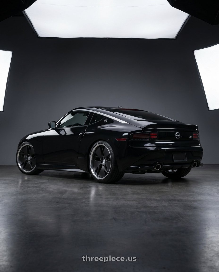 2025 Nissan Z with Work Gnosis Cvd 5x114.3 19x10.5+12 A Disk Matte Black wheels rear three quarter view square tires
