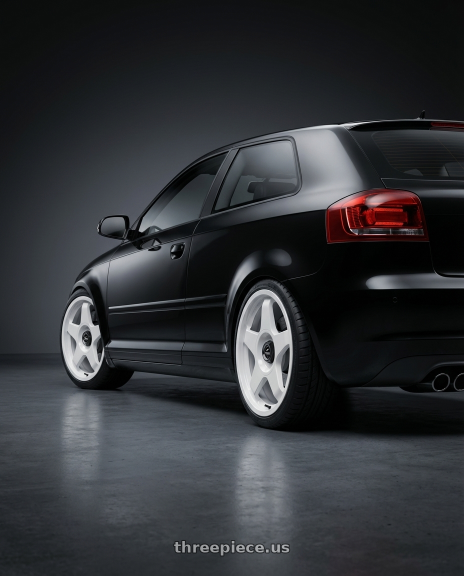 2012 Audi A3 8P with fifteen52 CHICANE 5x112 / 5x120 18x8.5 +35 RALLY WHITE (GLOSS WHITE) wheels rear three quarter view square tires