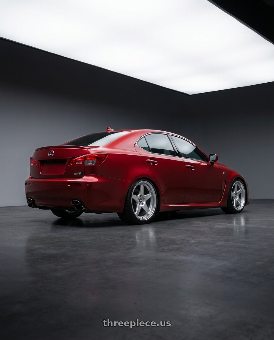 2012 Lexus IS-F with ESR Wheels APEX SERIES AP5 5x114.3 19x11 +22 Hyper Silver wheels rear three quarter view square tires