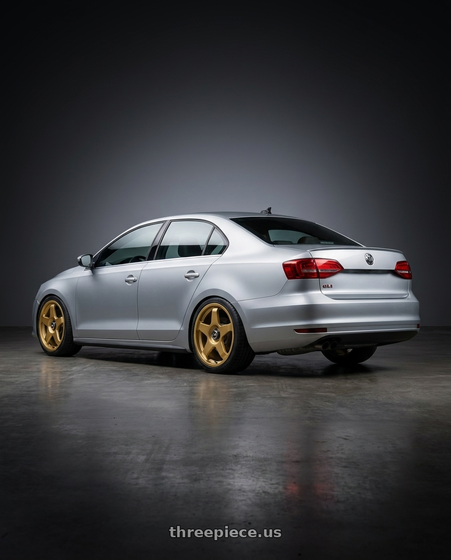 2016 Volkswagen Jetta GLI MK6 with fifteen52 CHICANE 5x112 / 5x120 18x8.5 +35 GOLD (GLOSS GOLD) wheels rear three quarter view square tires