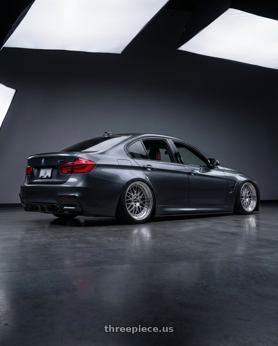 2017 bmw m3 with SSR Professor SP6 5x112 20X9.5+30 SL Disk Titan Silver wheels rear three quarter view square tires