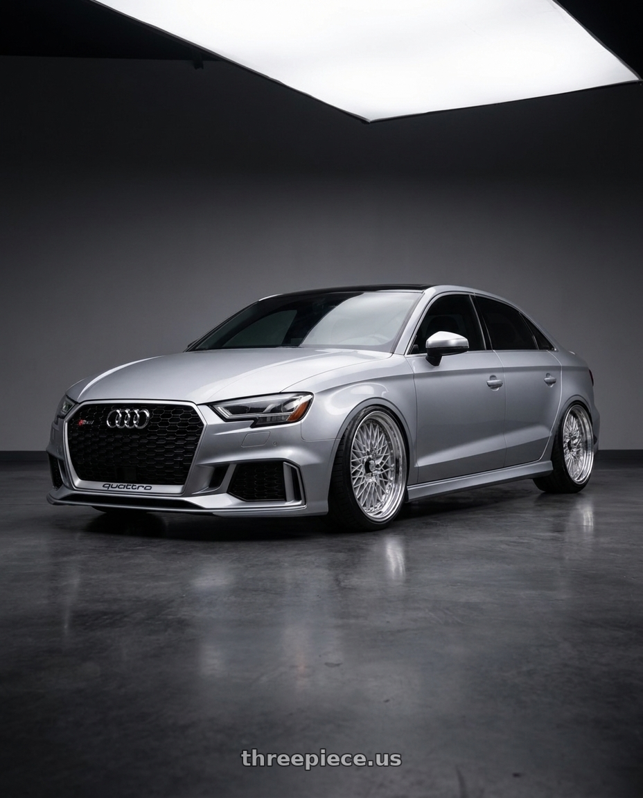 2017 Audi RS3 with SSR Formula MESH 5x112 19X11+37 SL Disk Fm Silver wheels front three quarter view lowered stance