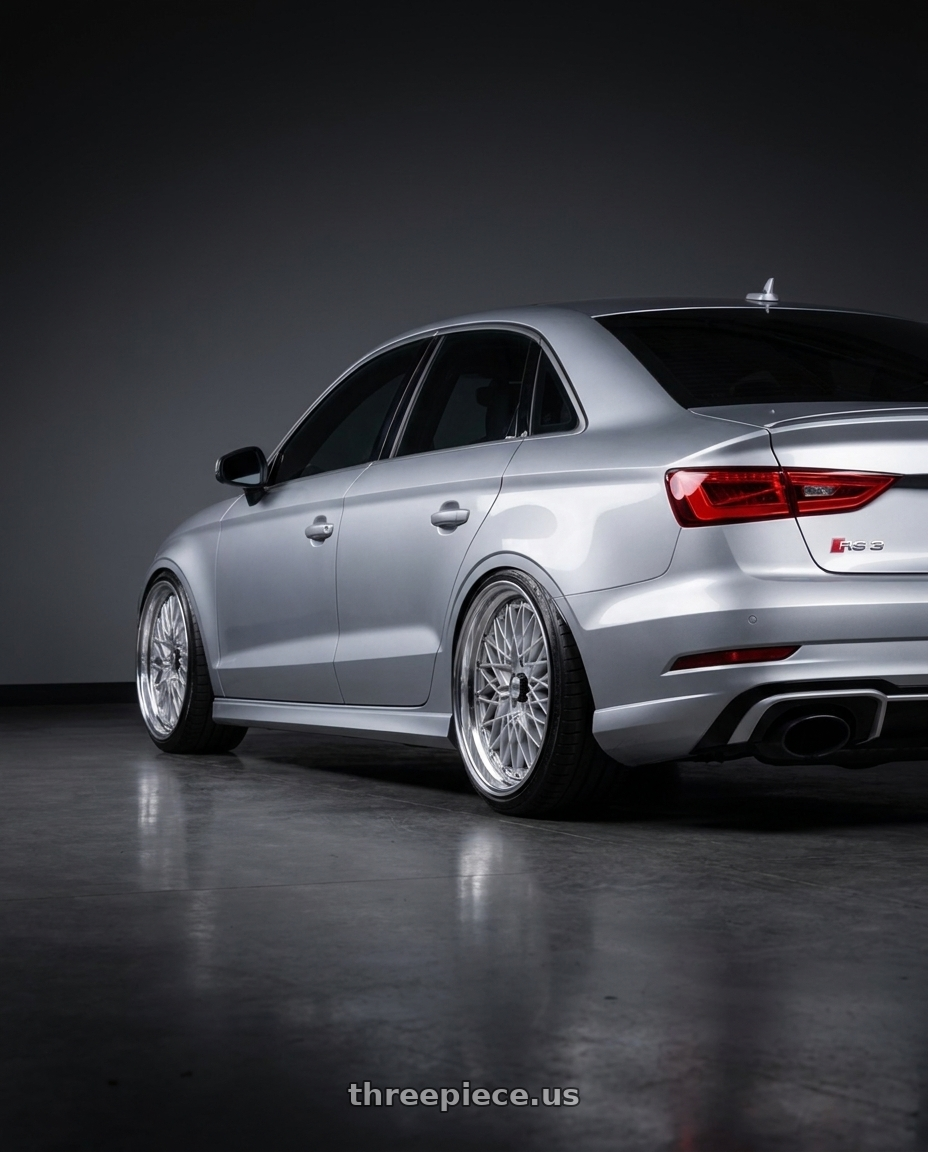 2017 Audi RS3 with SSR Formula MESH 5x112 19X11+37 SL Disk Fm Silver wheels rear three quarter view extreme stretch tires