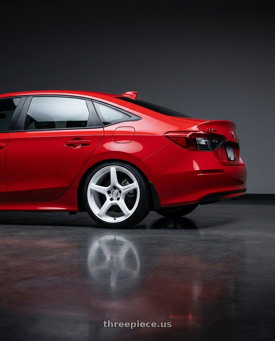 2025 Honda civic si with Work Emotion T5r 5x114.3 18x9.5 +38 Ice White wheels rear three quarter view slight stretch tires