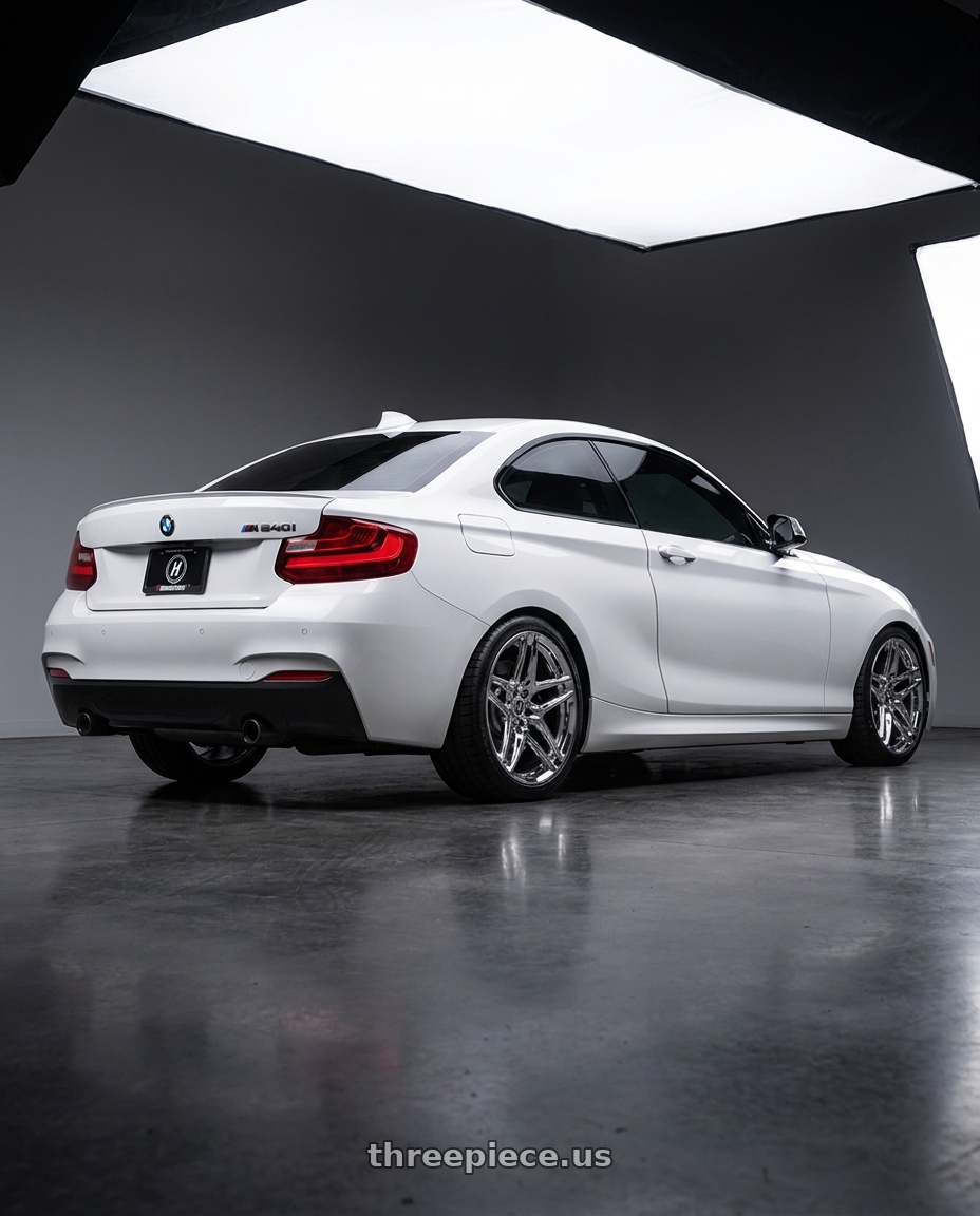 2018 BMW M240 with Heritage Wheel EBISU MonoC 5x120 18x8.5+35 Chrome wheels rear three quarter view square tires