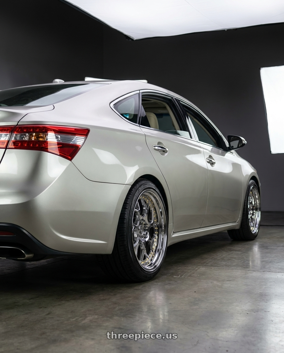 2013 toyota avalon with Aodhan DS01 5x114.3 19x9.5+22 Vacuum Chrome W/ Gold Rivets wheels rear three quarter view square tires