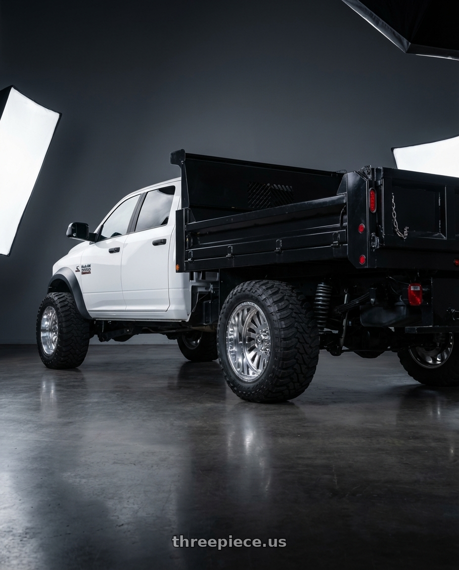 2015 Dodge 5500 with American Force 74 Octane SS 8X170 22X10 -25 POLISHED wheels rear three quarter view meaty tires