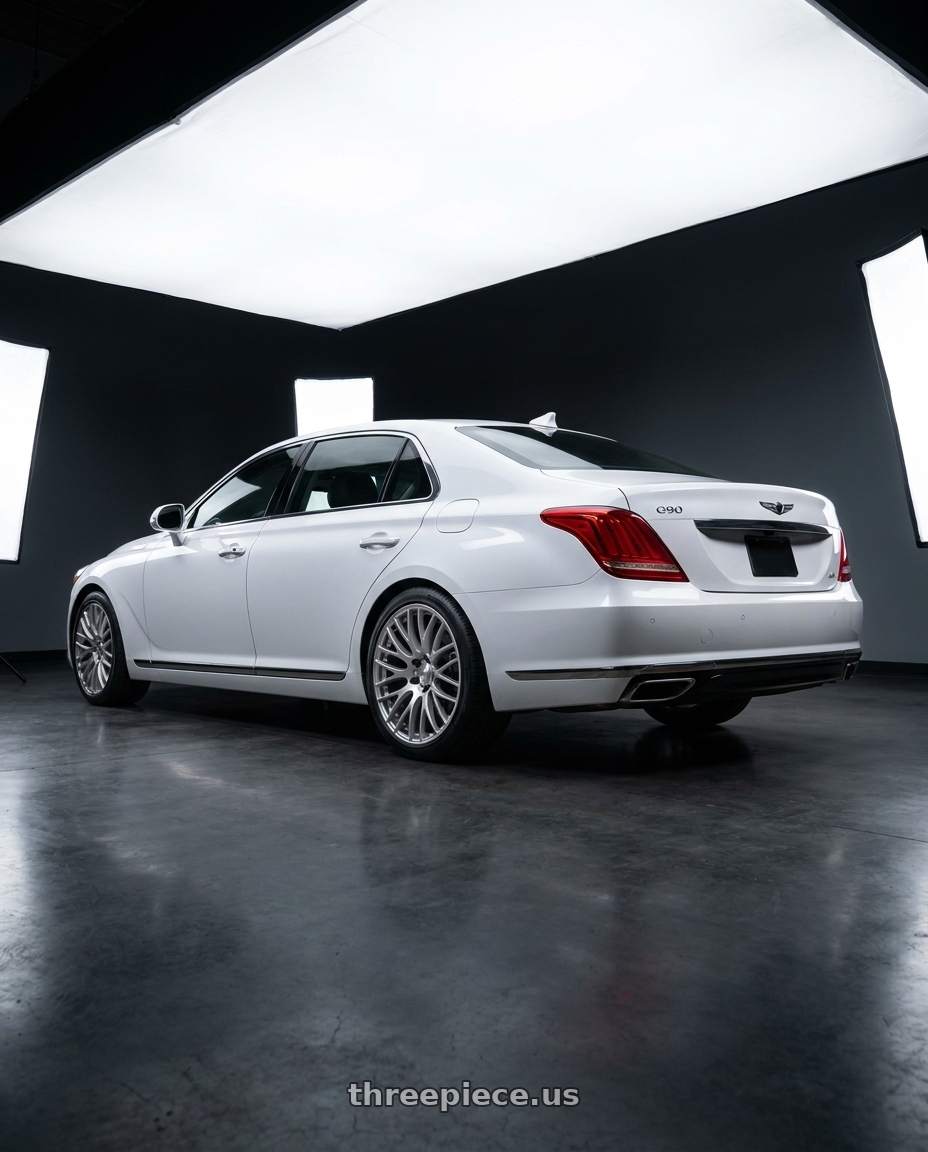 2018 genesis g90 ultimate with Work Emotion m8r 5x114.3 20x8.5 +38 Grants Silver wheels rear three quarter view square tires