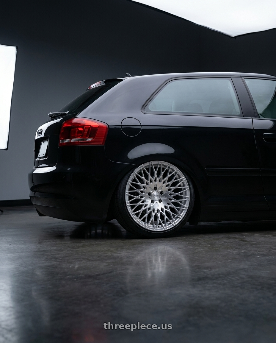 2012 Audi A3 8P with Avant Garde Wheels M540 5X112 18x9 +48 Silver Machined wheels rear three quarter view slight stretch tires