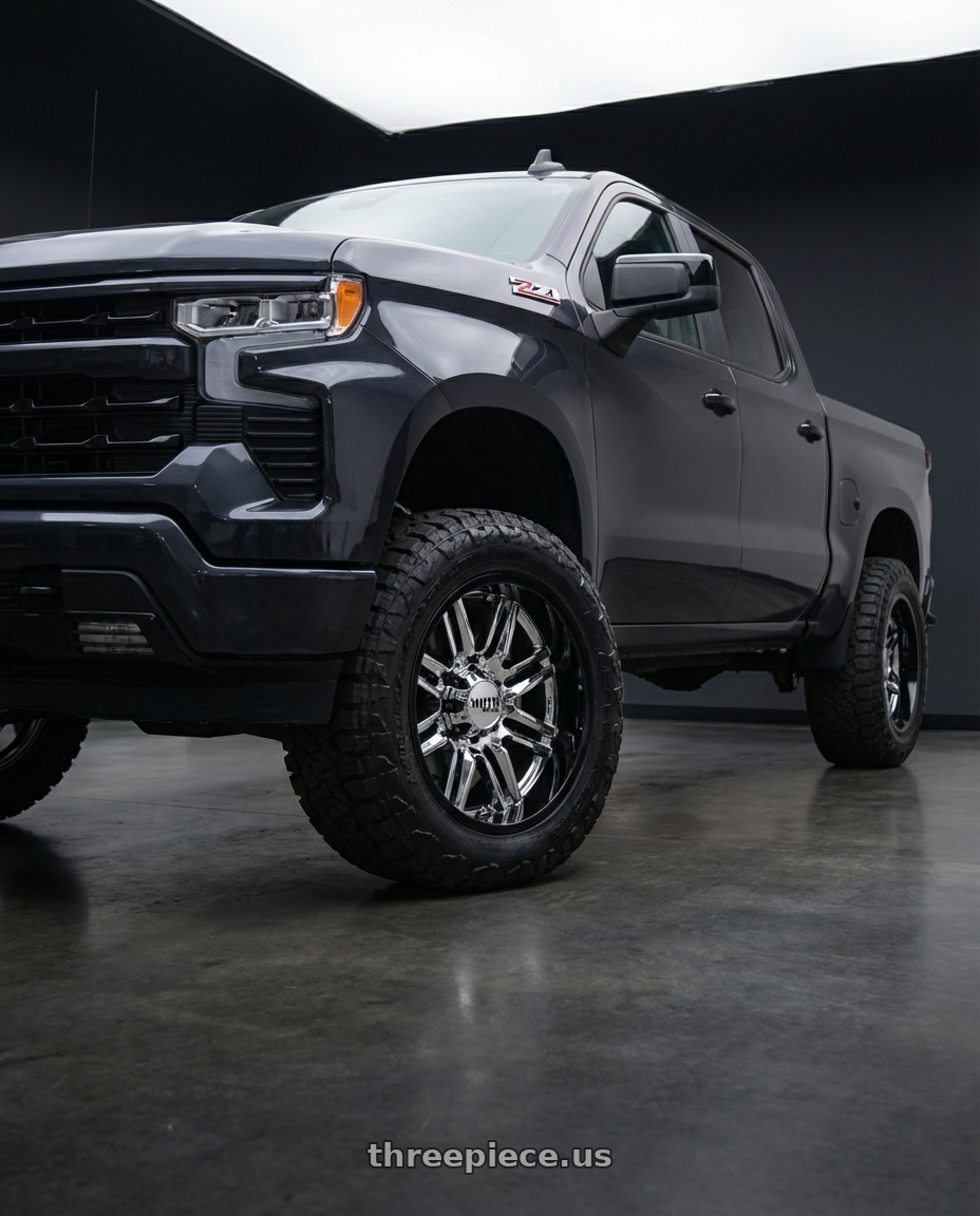 2023 Chevrolet Silverado 1500 with Moto Metal MO202 6X139.7 22X10 -18 CHROME CENTER GLOSS BLACK MILLED LIP wheels