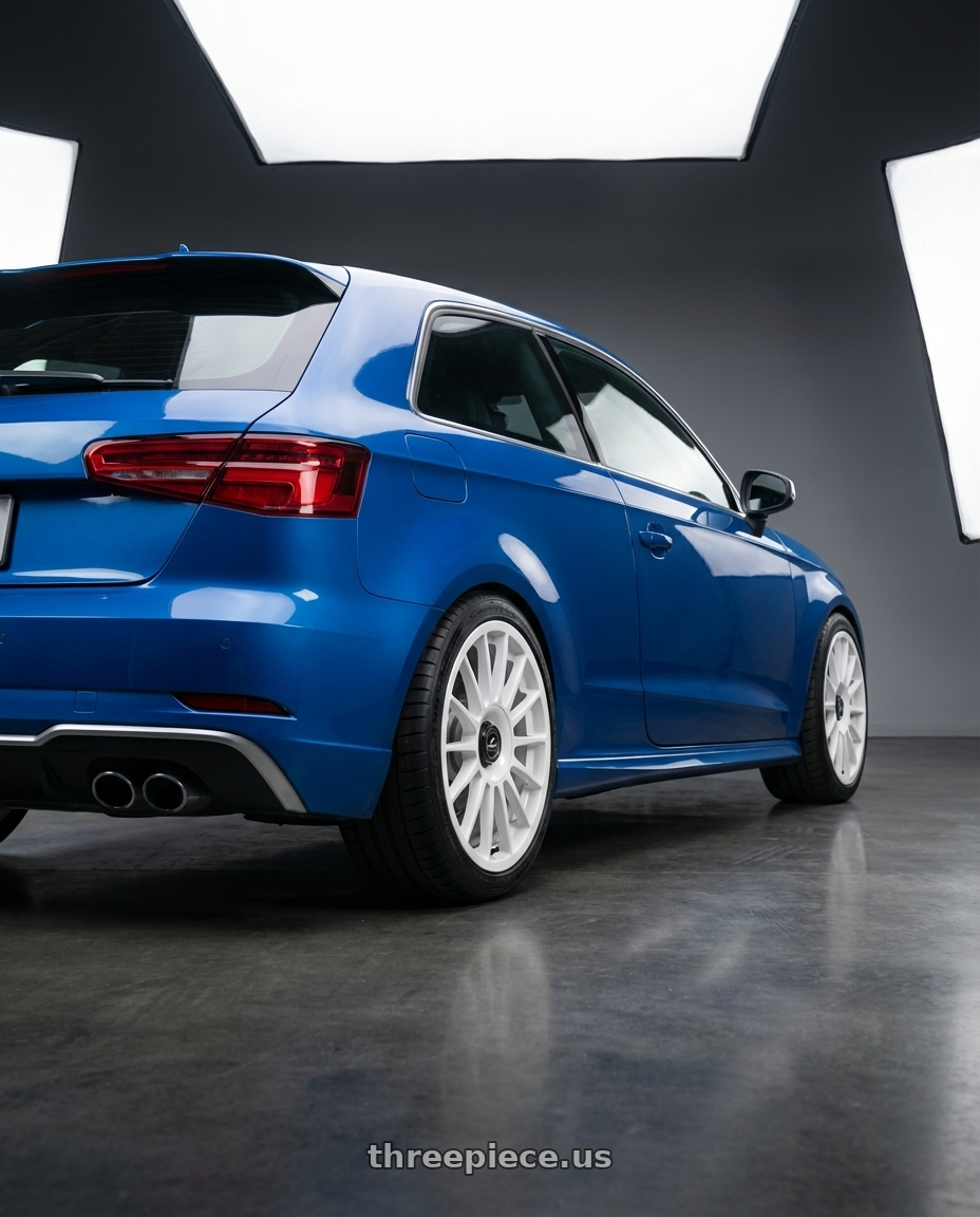 2019 Audi S3 8V with fifteen52 PODIUM 5x112 / 5x120 18x8.5 +35 RALLY WHITE (GLOSS WHITE) wheels rear three quarter view square tires