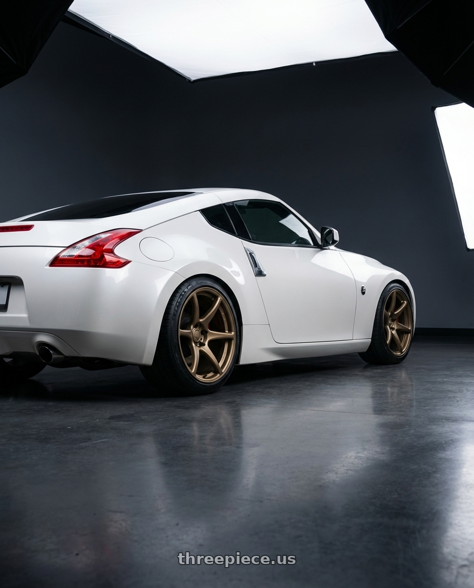 2019 Nissan 370Z with Kansei K11B Tandem 5x114.3 19x10.5 22 Bronze wheels rear three quarter view square tires