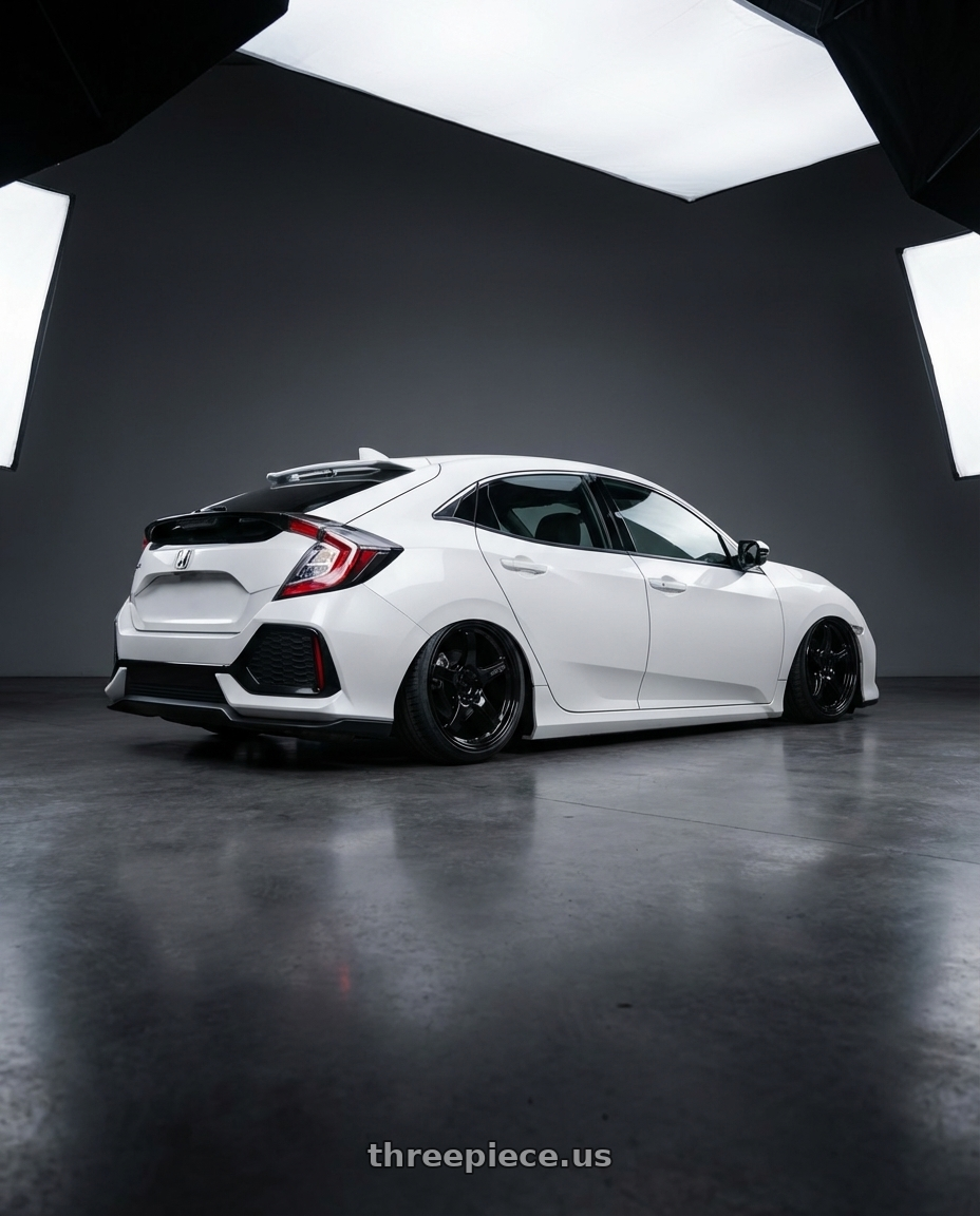 2019 Honda Civic with Gram Lights 57CR 5x114.3 19x9.5+35 Glossy Black wheels rear three quarter view slight stretch tires