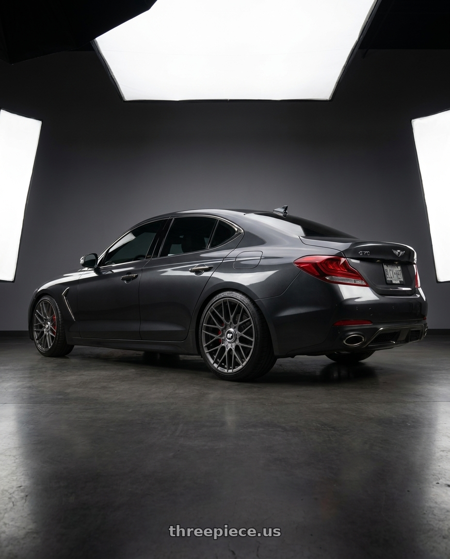 2019 Genesis G70 with Rotiform 1PC R141 RSE BLANK 17X9 +30 MATTE ANTHRACITE wheels rear three quarter view slight stretch tires
