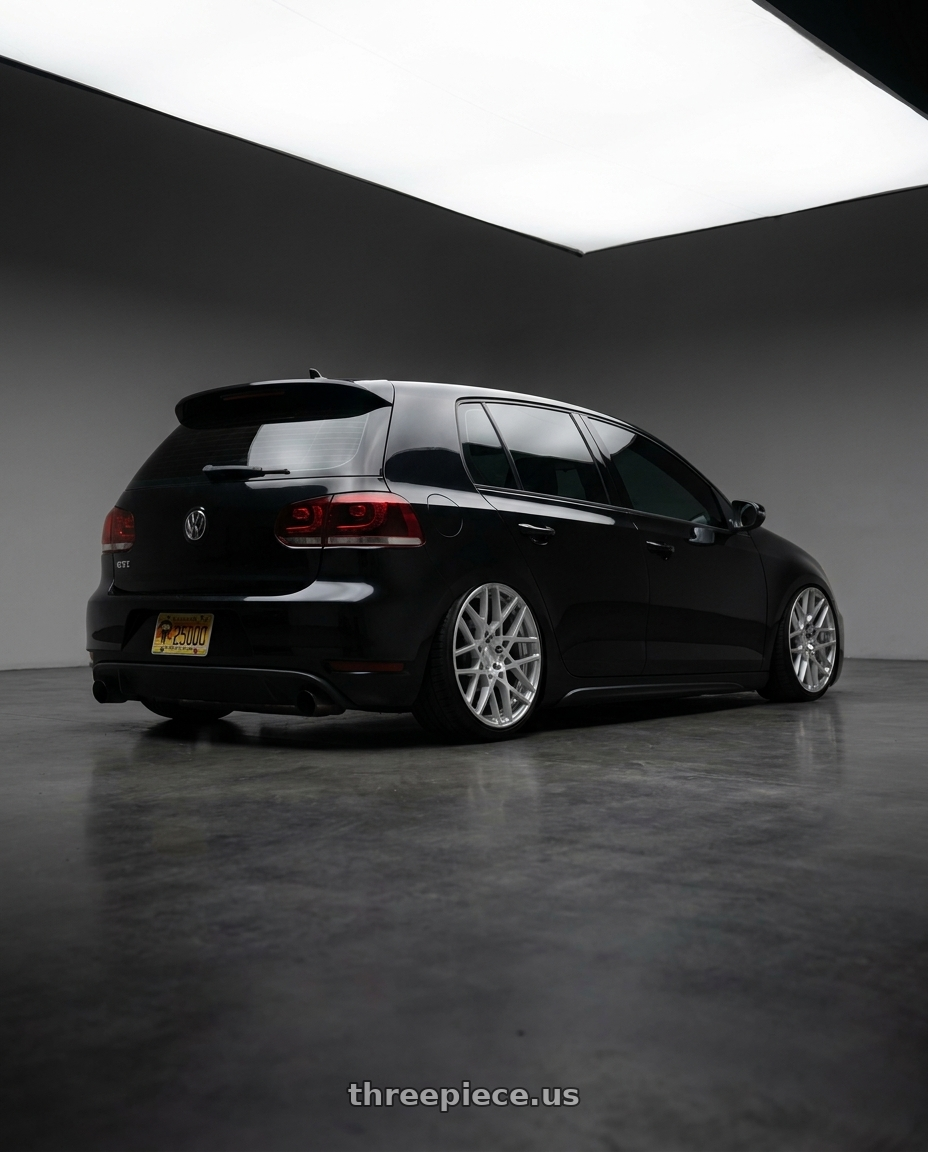 2013 VW gti with Rotiform 1PC R110 BLQ 5X112 19X8.5 +45 GLOSS SILVER MACHINED wheels rear three quarter view slight stretch tires