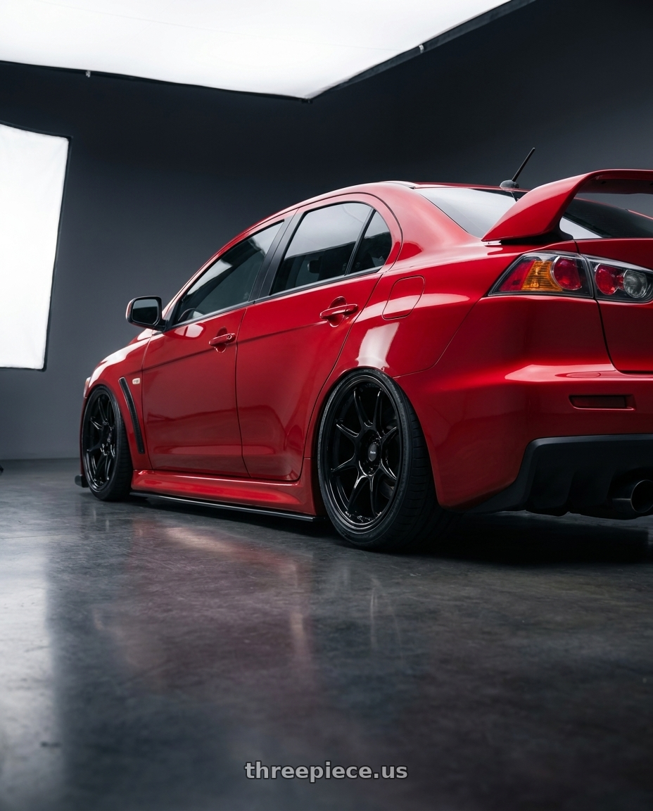 2012 Mitsubishi Lancer Evo X with Konig Lockout 5x114.3 18x8.5+45 Gloss Black wheels rear three quarter view slight stretch tires
