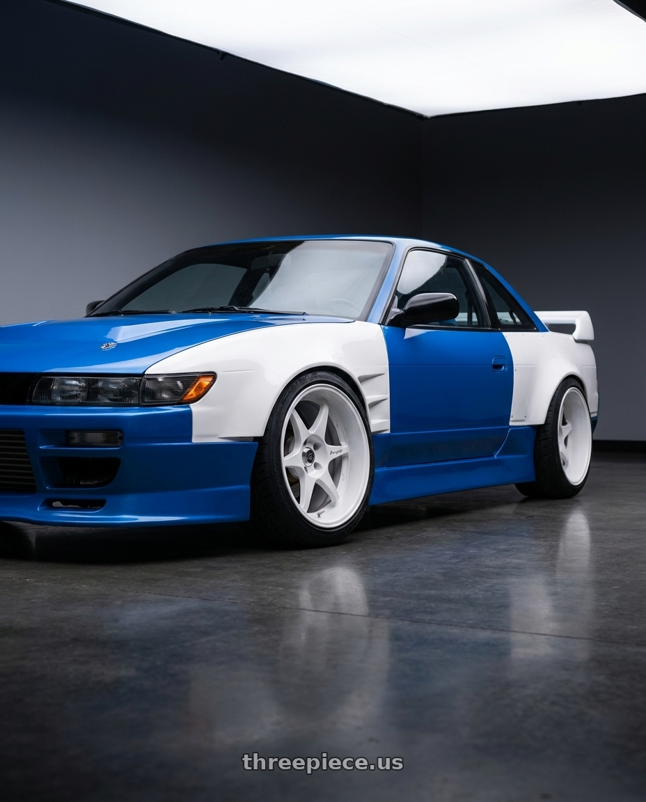 1993 Nissan 240sx coupe 75mm over fenders jet stream blue with Stage Wheels Knight 5x114.3 17x9 +10 White wheels