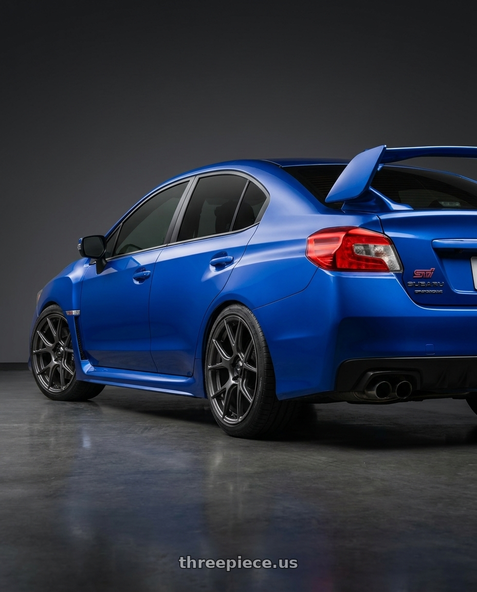 2018 Subaru WRX STI with Konig Ampliform 5x114.3 18x8.5+45 Dark Metallic Graphite wheels rear three quarter view square tires