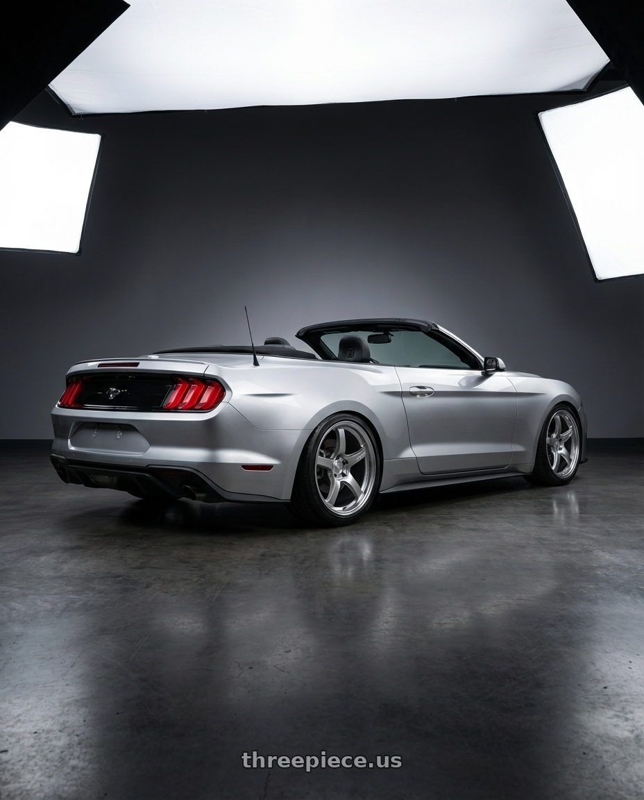 2018 ford mustang with Gram Lights 57CR 5x114.3 19x10.5 +12 GRACE SILVER wheels rear three quarter view slight stretch tires